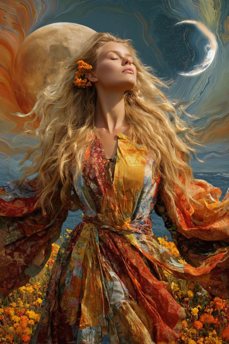 Femme robe fleurs lune nuit ciel etoiles univers fantaisie reve beaute inspiration coloree elegante Une femme aux longs cheveux blonds se tient dans un champ de fleurs jaunes, les yeux fermés et la tête inclinée vers le haut. Elle porte une robe colorée et fluide avec un mélange de motifs orange, jaune et bleu. Ses cheveux flottent librement, et elle a une petite fleur orange dans ses cheveux. Derrière elle, le ciel est un mélange de bleu et d'orange, avec une grande pleine lune lumineuse et un croissant de lune avec des étoiles. L'arrière-plan est abstrait, avec des couleurs et des motifs tourbillonnants.