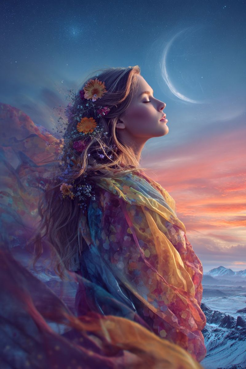 Woman fantasy flowers dress night sky moon sunset mountains clouds stars dream beauty inspiration imagination freedom hope A woman with long, flowing hair adorned with flowers stands on a mountain peak at dusk. She wears a multicolored, flowing dress that catches the light, creating a shimmering effect. Her eyes are closed, and she appears to be gazing at the sky. The sky is a deep blue, transitioning to a warm orange and pink at the horizon, indicating the setting sun. In the sky, there is a crescent moon with a faint glow, surrounded by stars. The background features a silhouette of mountains and a vast, open landscape.