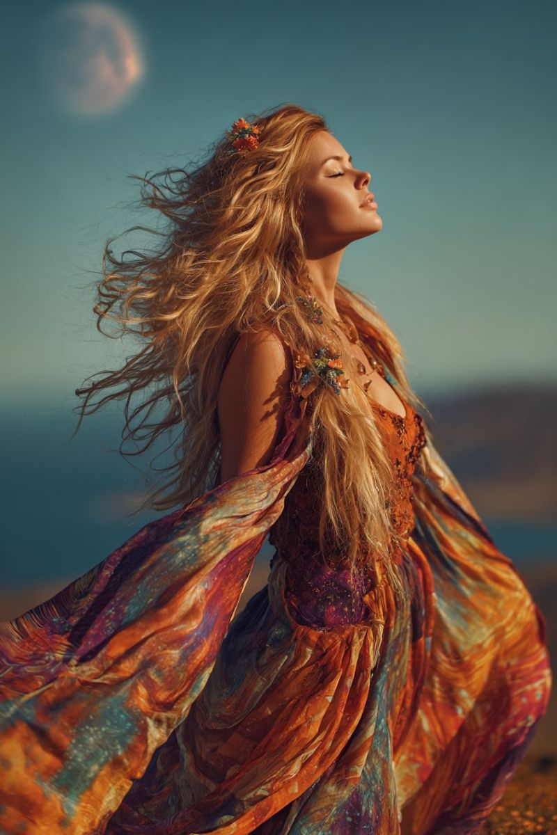 Femme robe beaute elegante magnifique nature lune soiree porter Une femme aux longs cheveux blonds ondulés se tient dans un champ ouvert sous un ciel bleu clair. Elle porte une robe fluide aux multiples couleurs ornée de détails floraux et de perles. Ses cheveux sont décorés d'une petite couronne de fleurs, et elle a une expression sereine les yeux fermés, comme en profonde réflexion ou en méditation. La robe flotte autour d'elle, attrapant le vent, et elle semble regarder le ciel, peut-être la lune, qui est visible en arrière-plan. Le cadre suggère un environnement paisible et naturel, avec l'horizon visible au loin.