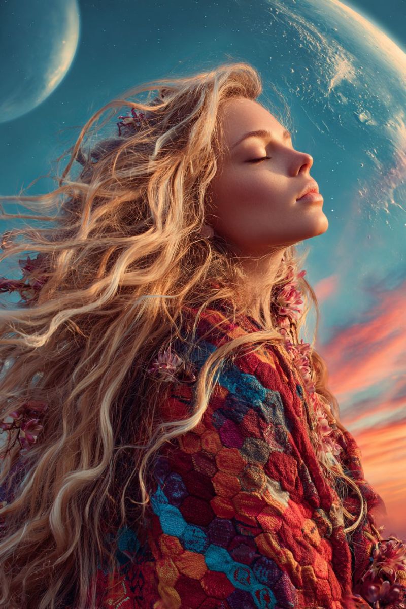 Femme ciel planete lune espace univers reve fantaisie imagination inspiration beaute habit Une femme aux longs cheveux blonds ondulés regarde le ciel. Elle porte une robe colorée à motifs avec un design hexagonal. La robe mêle des couleurs rouges, bleues et oranges. Elle a une fleur dans ses cheveux et une fleur sur son épaule. Le ciel derrière elle est bleu avec une grande planète et une lune au loin. Le ciel a une qualité onirique et éthérée.