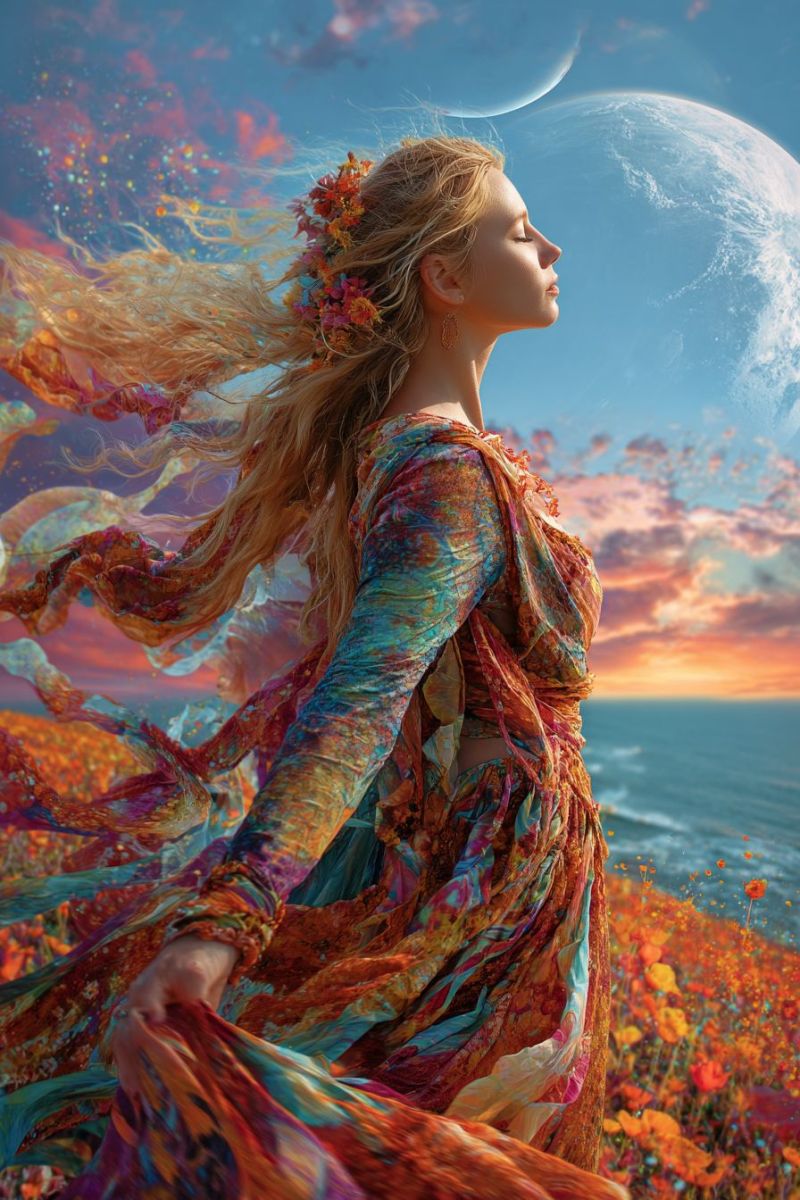 Femme robe fleurs lune ciel ocean bourgeons Une femme aux longs cheveux blonds ondulés ornés de fleurs colorées se tient dans un champ de coquelicots orange vibrants. Elle porte une robe multicolore et fluide qui capte la lumière, lui donnant un effet scintillant. Ses yeux sont fermés et elle semble regarder vers le haut, peut-être la lune. Le ciel derrière elle est un mélange de teintes bleues et orange, avec la lune bien visible. Les vagues de l'océan viennent doucement lécher le rivage en arrière-plan, créant une atmosphère sereine et magique.
