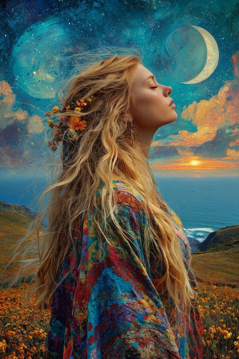 Femme fantaisie reve imagination beaute inspiration creativite inspirant motivation motivationnel citations pensee esprit etat consci Une femme aux longs cheveux blonds ondulés se tient dans un champ de fleurs jaunes, les yeux fermés et la tête inclinée vers le haut. Elle porte une robe colorée et fluide ornée de divers motifs et une couronne de fleurs sur la tête. Le fond montre un coucher de soleil sur l'océan, avec un croissant de lune et des étoiles dans le ciel. Le ciel est peint de couleurs vibrantes, mélangeant des teintes orange, rose et bleu. La scène se déroule dans un décor de montagnes et une atmosphère sereine et paisible.