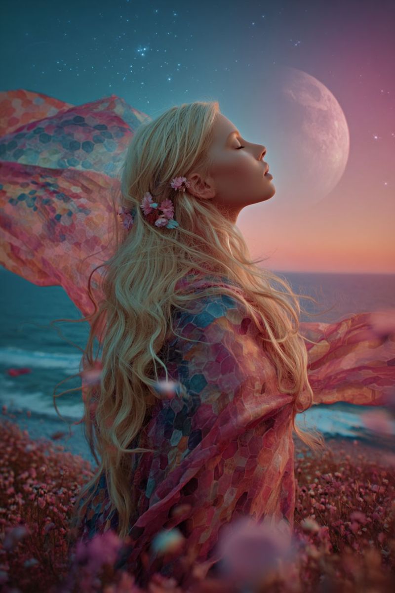 Woman fantasy moon night dream flowers dress flower sky stars beauty girl A woman with long blonde hair stands in a field of pink flowers under a twilight sky. She wears a colorful, patterned dress with a flowing cape that resembles a butterfly's wings. Her hair is adorned with small pink flowers. She gazes upward, seemingly lost in thought, with her eyes closed. The sky is filled with stars, and a large, glowing moon is partially visible. The ocean is calm and reflects the colors of the sky in the background.