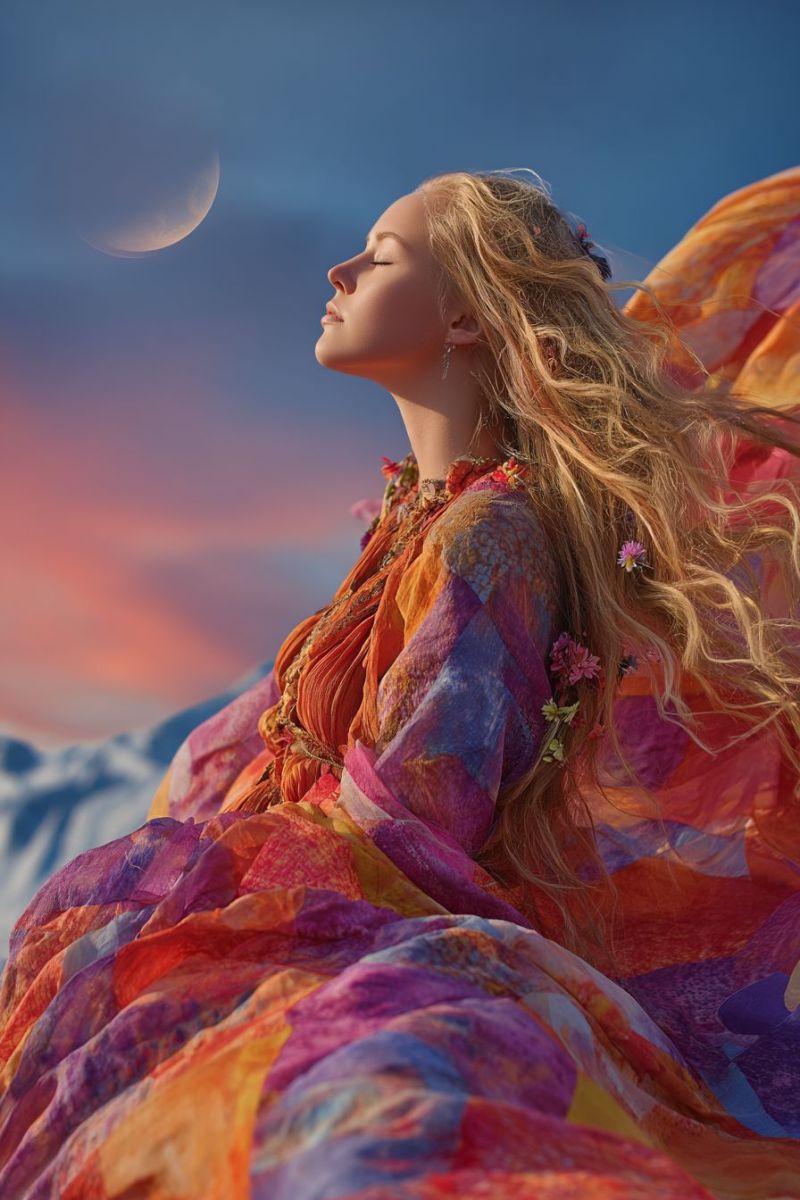 Woman dress moon sky flower night beauty fantasy dream sunset cloud mountain evening girl hairstyle A woman with long blonde hair is lying on a mountain, gazing up at the sky. She wears a colorful, flowing dress adorned with flowers and a necklace. The sky is a mix of blue and orange hues, with a crescent moon visible. The woman's serene expression and the natural setting create a peaceful and ethereal atmosphere.