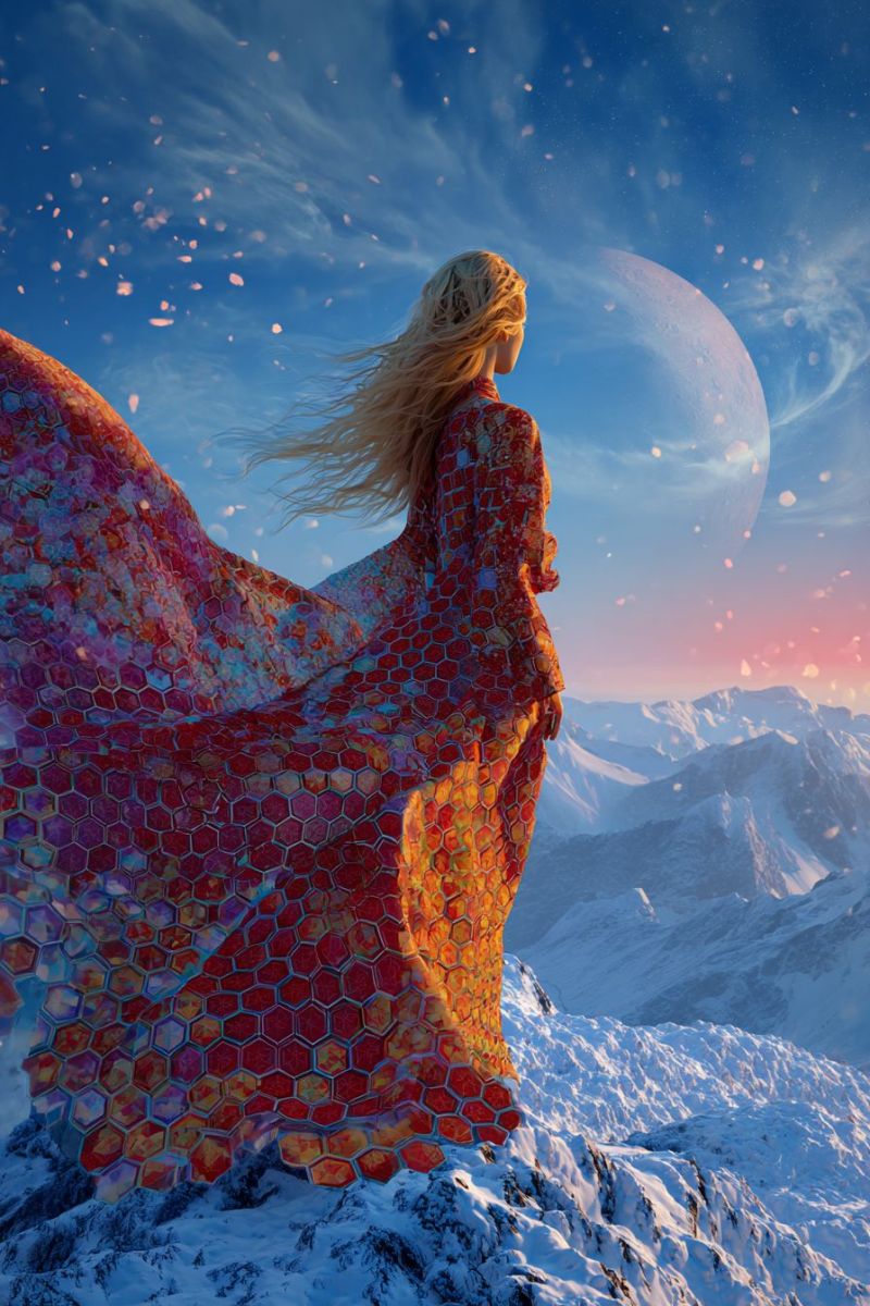 Mountain sky dress woman snow cloud moon sunset nature clouds space planet fantasy cosmic outer A woman with long blonde hair stands on a snowy mountain peak, her back turned. She wears a flowing, multicolored dress with a hexagonal pattern, blending red, orange, and purple hues. The dress billows in the wind, and her hair flows freely. The sky above is a mix of blue and pink, with a large, glowing moon in the distance. The mountain range is covered in snow, and the scene is set against a back of a serene, starry night.
