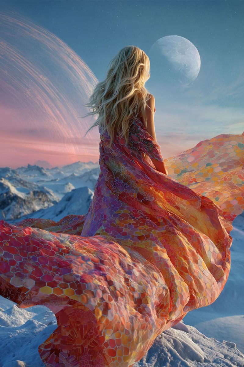 Woman dress mountain sky moon sunset cloud space planet star night snow fantasy colorful A woman with long blonde hair stands on a snowy mountain, her back turned. She wears a flowing, multicolored dress that resembles a mosaic of orange, yellow, and pink tiles. The dress billows in the wind, creating a dynamic and ethereal effect. The sky above is a mix of blue and pink hues, with a large, glowing moon partially visible. In the distance, a planet with a ring-like structure orbits around the moon, adding a fantastical element to the scene. The mountains in the background are covered in snow, enhancing the serene and otherworldly atmosphere.