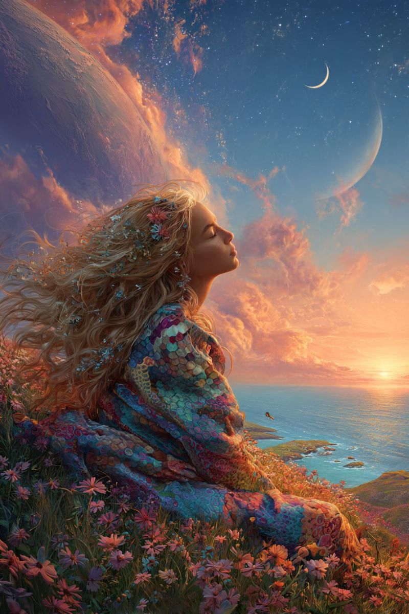 Femme fleurs robe ciel mer nuages lune planete coucher soleil fille fantaisie nature ocean horizon Une femme aux longs cheveux blonds ondulés ornés de petites fleurs est assise sur une colline herbeuse, regardant vers le haut. Elle porte une robe colorée et à motifs qui ressemble à une queue de sirène. Le ciel au-dessus est un mélange de teintes orange et bleues, avec un croissant de lune et des étoiles visibles. Au loin, une grande planète et une plus petite lune sont représentées. L'horizon montre un océan serein avec de douces vagues, et le soleil se couche sur le côté droit, projetant une lueur chaude sur la scène.