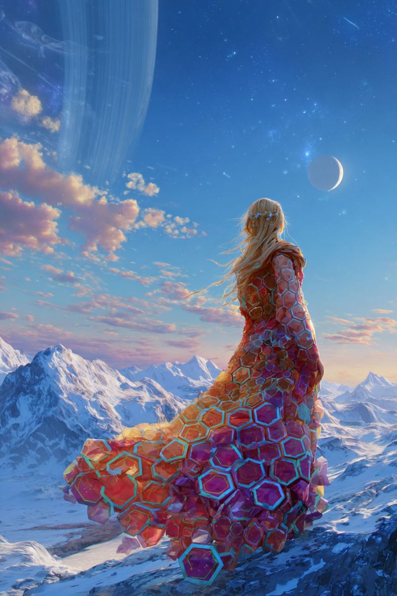 Femme robe montagne ciel nuage lune espace planete etoile nuit fantaisie futuriste science fiction alien cosmique Une femme aux longs cheveux blonds se tient sur un sommet montagneux enneigé, le dos tourné vers l'observateur. Elle porte une robe fluide et multicolore faite de motifs hexagonaux dans des nuances de rose, de violet et de bleu. La robe flotte dans le vent, et ses cheveux s'écoulent librement. Le ciel au-dessus est d'un bleu profond, parsemé d'étoiles et d'une lune croissante. Au loin, une grande planète avec des anneaux est visible, ajoutant un sentiment d'échelle et d'émerveillement à la scène. Les montagnes sont couvertes de neige, et l'atmosphère générale est sereine et irréelle.
