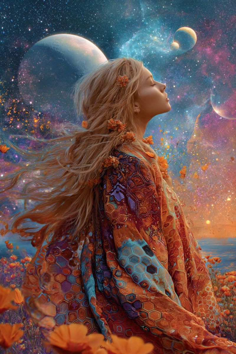 Woman fantasy space universe planets stars flowers dress eyes dream imagination colorful beauty inspiration A woman with long, flowing blonde hair is standing in a field of orange flowers. She is wearing a colorful, patterned dress with a geometric design. Her eyes are closed, and she is looking upward, possibly towards the sky. The background features a vibrant, cosmic scene with planets, stars, and a galaxy. The sky is a mix of blue, purple, and pink hues, creating a dreamy and ethereal atmosphere.