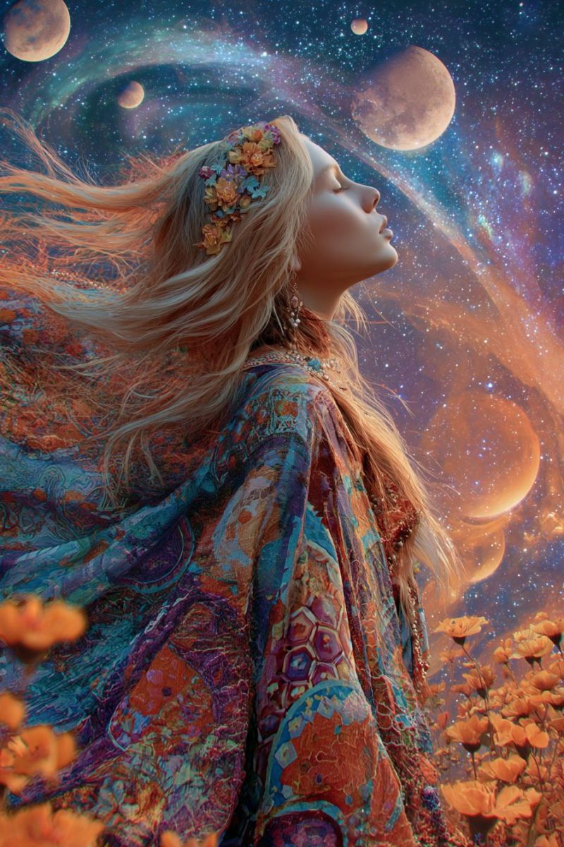 Femme espace fleurs robe planetes etoiles univers fantaisie reve nuit ciel galaxie lune cosmique celeste astral ethere Une femme aux longs cheveux blonds ondulant se tient dans un champ de fleurs orange, son regard dirigé vers le ciel. Elle porte une robe colorée et fluide ornée de motifs complexes et une couronne de fleurs sur la tête. Le ciel derrière elle est un mélange vibrant de bleus, de violets et de verts, avec plusieurs planètes et lunes visibles, y compris une grande planète rougeâtre. La scène se déroule sur fond d'étoiles et d'une galaxie, créant une atmosphère mystique et surnaturelle.