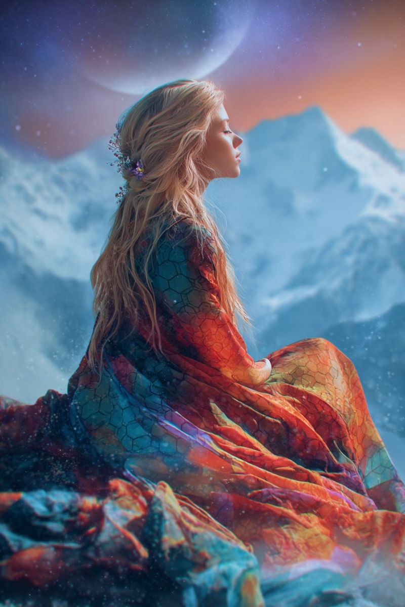 Femme montagne ciel robe fleur nuit lune neige nuage etoile roche texture ombre Une femme aux longs cheveux blonds ondulés est assise sur un sommet montagneux enneigé, contemplant le ciel. Elle porte une robe colorée et fluide avec un motif géométrique aux teintes de bleu, vert, orange et rose. Ses cheveux sont ornés de petites fleurs colorées. Le ciel derrière elle est un mélange de teintes bleues, violettes et orange, avec un croissant de lune et des étoiles visibles. La chaîne de montagnes en arrière-plan est couverte de neige, et la scène a une qualité magique et éthérée.