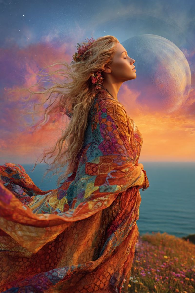 Femme robe fleurs lune ciel ocean coucher soleil soiree nature fantaisie onirique meditation inspiration beaute ombre Une femme aux longs cheveux blonds se tient sur un champ d'herbe, les yeux fermés et le visage tourné vers le ciel. Elle porte une robe fluide aux multiples couleurs ornée de motifs complexes, et ses cheveux sont décorés de fleurs. Derrière elle, le ciel est un mélange de teintes bleues, roses et orange, avec une grande lune lumineuse en arrière-plan. L'océan s'étend en contrebas, reflétant les couleurs vives du ciel.