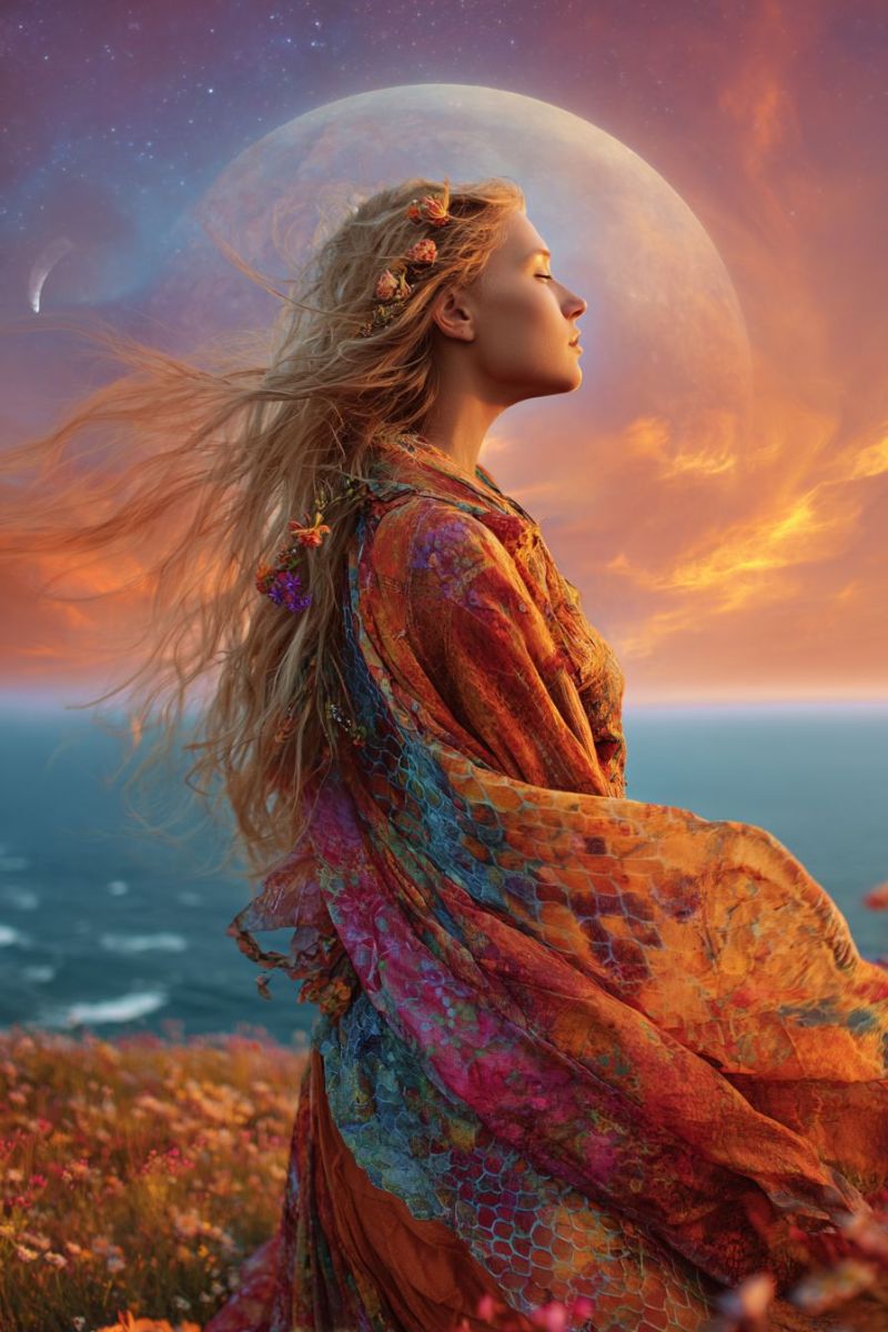 Woman dress flowers sky moon night clouds sea ocean sunset evening fantasy painting nature A woman with long, flowing blonde hair stands on a grassy hill, her eyes closed and her face turned towards the sky. She wears a vibrant, multicolored dress adorned with flowers, flowing gracefully in the wind. The background features a serene ocean under a sky transitioning from orange to blue, with a large, glowing moon and a crescent moon visible. The scene evokes a sense of tranquility and connection with nature.