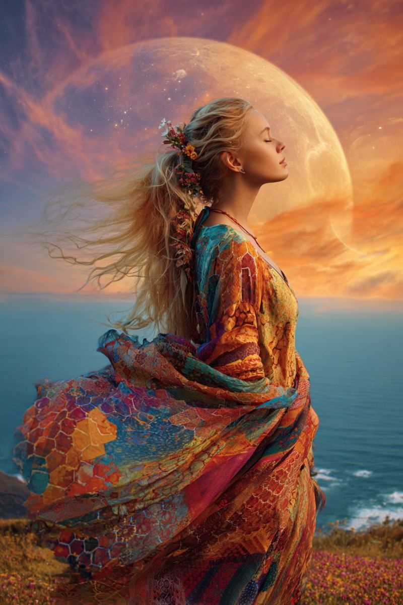 Femme robe lune ciel ocean soiree coucher soleil fantaisie reveur inspiration beaute elegance nature fleur couronne Une femme aux longs cheveux blonds ondulés se tient sur une falaise surplombant l'océan. Elle porte une robe multicolore vibrante avec une jupe fluide, ornée de motifs complexes et une couronne de fleurs sur la tête. Ses yeux sont fermés, et elle semble être dans un moment de contemplation ou de méditation. Derrière elle, le ciel est un mélange de bleus profonds et d'oranges chauds, avec une grande lune brillante en arrière-plan, entourée d'étoiles. L'océan en contrebas est calme, avec de douces vagues léchant le rivage. La scène générale est sereine et mystique, avec un sentiment de tranquillité et d'émerveillement.