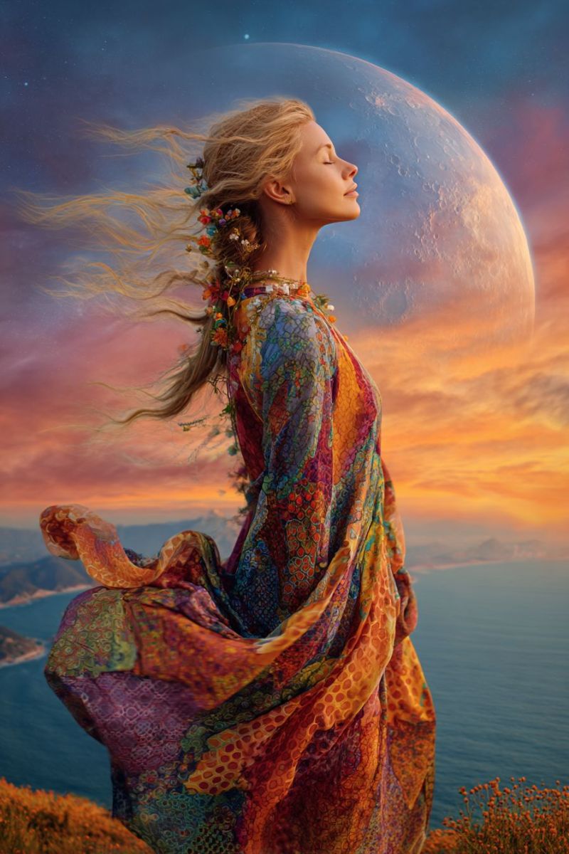 Femme robe lune ciel fleurs mer ocean nuages coucher soleil soiree nuit fantaisie beaute inspiration reve Une femme aux longs cheveux blonds ondulés se tient sur une falaise surplombant l'océan. Elle porte une robe multicolore et vibrante ornée de fleurs et de feuilles, flottant gracieusement dans le vent. Ses yeux sont fermés et elle semble contempler la pleine lune dans le ciel, éclairée par un doux coucher de soleil orange. Le ciel est un mélange de teintes bleues, roses et orange, créant une atmosphère sereine et magique. L'océan en contrebas est calme et reflète les couleurs du ciel.