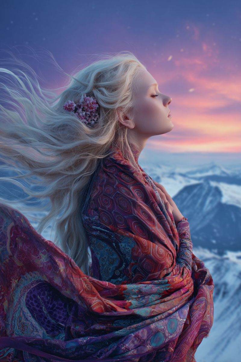 Woman scarf mountain sky sunset flower wind fantasy beauty nature snow dream inspiration freedom adventure exploration emotion A woman with long, flowing blonde hair stands on a snowy mountain peak, her hair blowing in the wind. She wears a colorful, patterned shawl that drapes over her shoulders and down her back. Her eyes are closed, and she appears to be gazing upwards at the sky. In her hair, there is a small cluster of pink flowers. The sky behind her is a mix of deep blue and soft pink, suggesting either dawn or dusk. The mountain range in the background is covered in snow, with the peaks reaching high into the sky.