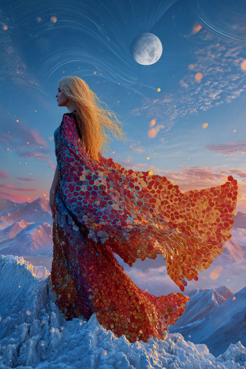 Woman dress mountain sky moon clouds sunset nature fantasy colorful glow sparkle space universe A woman with long blonde hair stands on a snowy mountain peak, her back turned. She wears a flowing, multicolored dress that resembles a mosaic of red, blue, and yellow tiles. The dress billows in the wind, and her hair flows freely. The sky above is a deep blue, dotted with stars and a bright, full moon. The mountains are covered in snow, and the scene is set against a back of a sunset, with hues of orange and pink in the sky.