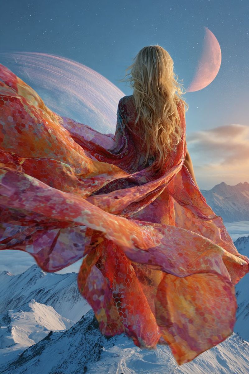 Woman dress mountain sky moon night clouds stars blonde flowing fantasy painting colorful shadow A woman with long blonde hair stands on a snowy mountain peak, her back turned to the viewer. She wears a flowing, vibrant orange and pink dress with a honeycomb pattern, billowing in the wind. The dress's fabric catches the light, creating a dynamic and ethereal effect. The sky above is a deep blue, dotted with stars, and features a large, glowing pink crescent moon. In the background, there are distant snow-capped mountains under a soft, pinkish sky.