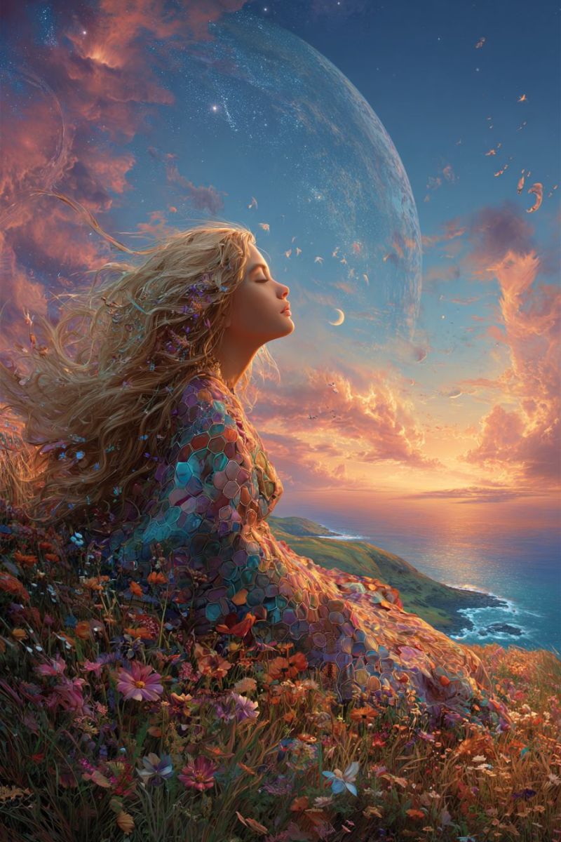 Femme fleurs robe ciel coucher soleil lune nuages ocean colline fantaisie nature reveur magique celeste ethere Une femme aux longs cheveux blonds ondulant est assise sur une colline herbeuse, les yeux fermés et la tête inclinée vers le haut. Elle porte une robe colorée et complexe ornée de diverses formes et couleurs, ressemblant à une mosaïque. La robe est décorée de petites fleurs colorées. Le ciel au-dessus est un mélange de teintes bleues et orange, avec une grande planète et un croissant de lune visibles. La planète est entourée d'un anneau d'étoiles. L'océan s'étend au-dessous de la colline, avec une petite île au loin.