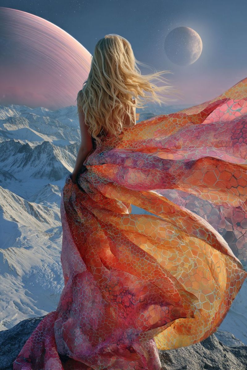 Woman dress mountain sky planet space fantasy cosmic celestial astronomy universe star moon galaxy night outer A woman with long blonde hair stands on a rocky mountain peak, her hair blowing in the wind. She wears a flowing, multicolored dress with a geometric pattern, predominantly in shades of orange, pink, and red. The dress billows dramatically around her. Behind her, a large, pinkish planet with rings is visible in the sky, accompanied by a smaller, pale moon. The sky is a deep blue, and the mountain range is covered in snow, with the sun's rays casting a warm glow on the snowy peaks.