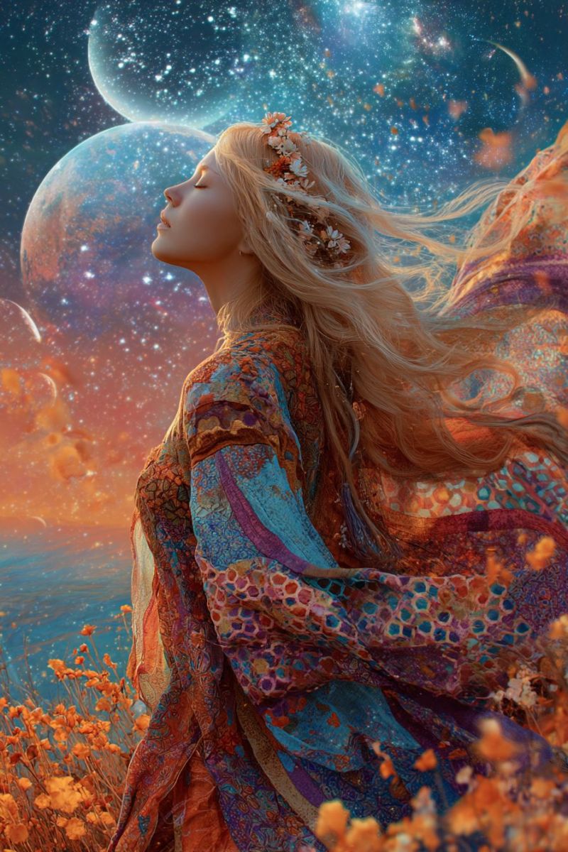 Femme fantaisie robe ciel planetes etoiles univers reveur ethere celeste cosmique galactique astral mystique magique surrealiste fleur Une femme aux longs cheveux blonds se tient dans un champ de fleurs orange, les yeux fermés et la tête inclinée vers le haut. Elle porte une robe fluide aux multiples couleurs ornée de motifs complexes et une couronne de fleurs sur la tête. L'arrière-plan présente une scène céleste avec des planètes et des étoiles, créant une atmosphère rêveuse et éthérée. Le ciel est d'un bleu profond, parsemé d'étoiles et d'une lune croissante, ajoutant à l'ambiance mystique.