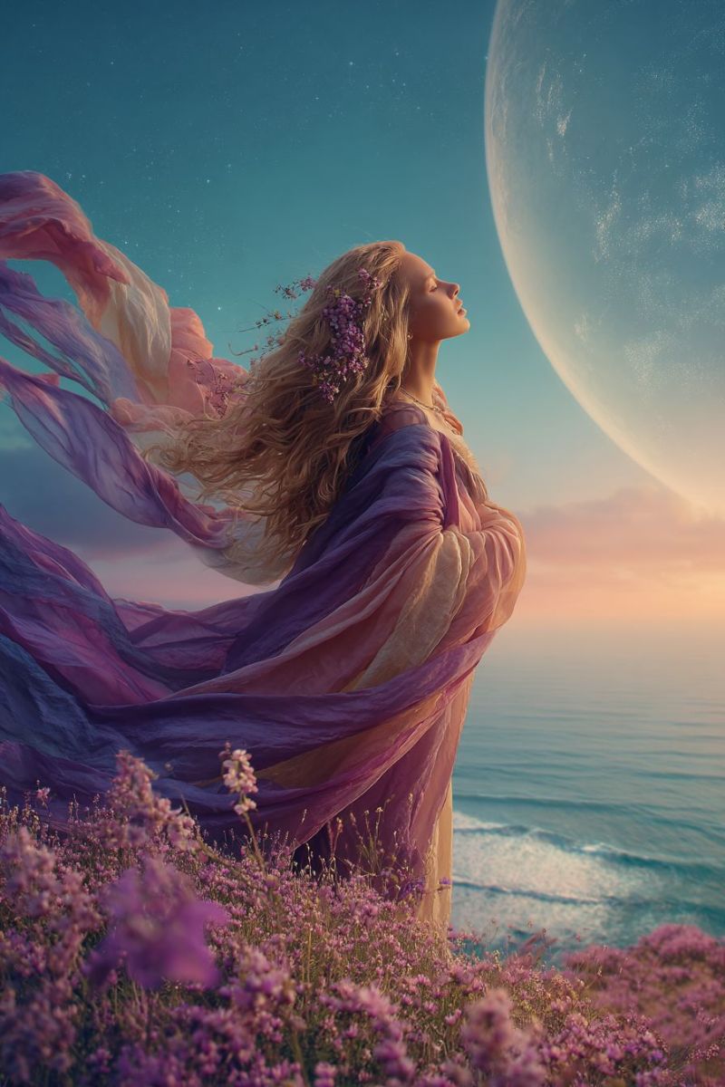 Femme robe ocean ciel lune etoiles nuit fantaisie reveur ethere beaute nature coucher soleil horizon vagues reflexion fleur couronne Une femme aux longs cheveux blonds se tient sur une falaise surplombant l'océan, sa robe fluide violette et rose flottant dans la brise. Elle regarde vers le haut une grande lune éclatante dans le ciel, qui est placée sur un fond de ciel bleu clair avec des étoiles éparses. L'océan en contrebas est calme, avec de douces vagues léchant le rivage. La falaise est couverte d'un champ de fleurs violettes, ajoutant à l'atmosphère sereine et magique de la scène.