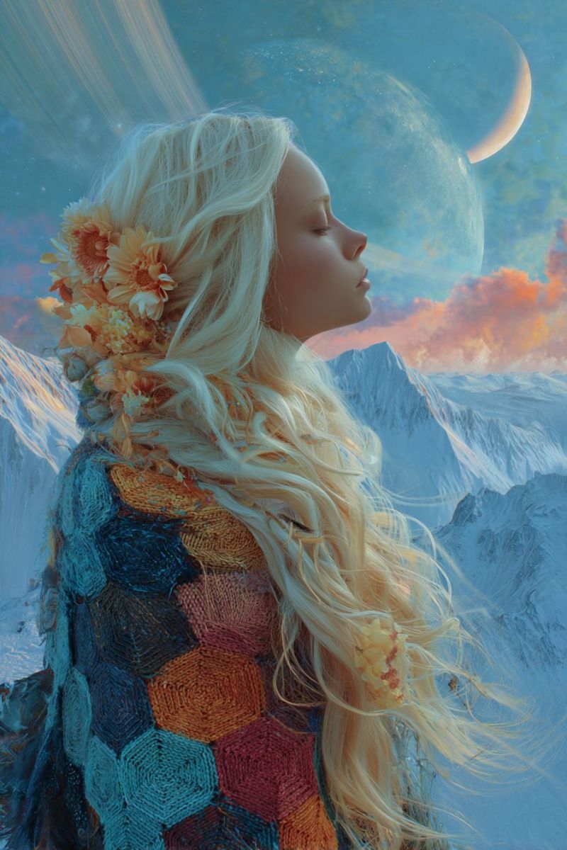 Woman mountain sky moon flower sunset cloud nature dream fantasy beauty inspiration meditation zen calm serene peaceful A woman with long, flowing blonde hair stands against a back of snowy mountains and a vibrant sunset sky. She wears a colorful, hexagonal-patterned shawl draped over her shoulders, with a few orange and yellow flowers woven into her hair. Her eyes are closed, and she appears to be gazing upward at the sky, where a large, glowing moon and a crescent moon are visible. The sky is a mix of deep blues, oranges, and pinks, creating a serene and mystical atmosphere.