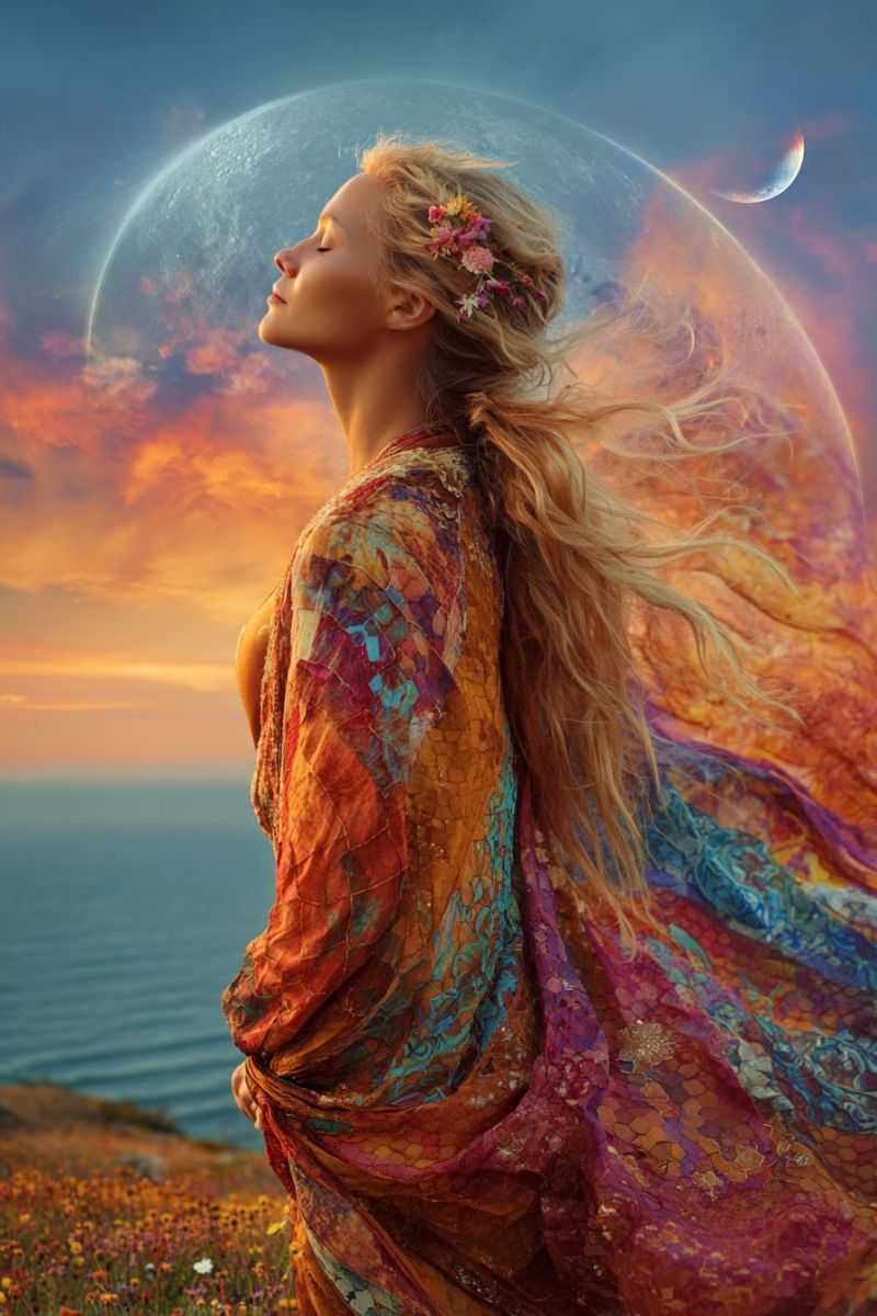Femme robe tete ciel lune nuages mer ocean eau soiree coucher soleil fantaisie reve inspiration meditation contemplation fleur couronne Une femme aux longs cheveux blonds se tient sur une falaise surplombant l'océan, les yeux fermés et la tête inclinée vers le haut. Elle porte une robe fluide aux multiples couleurs ornée de motifs complexes et une couronne de fleurs sur la tête. Le ciel derrière elle est un mélange de teintes bleues et orange, avec une grande lune brillante et un croissant de lune visible. L'océan s'étend en contrebas, reflétant les couleurs du ciel.
