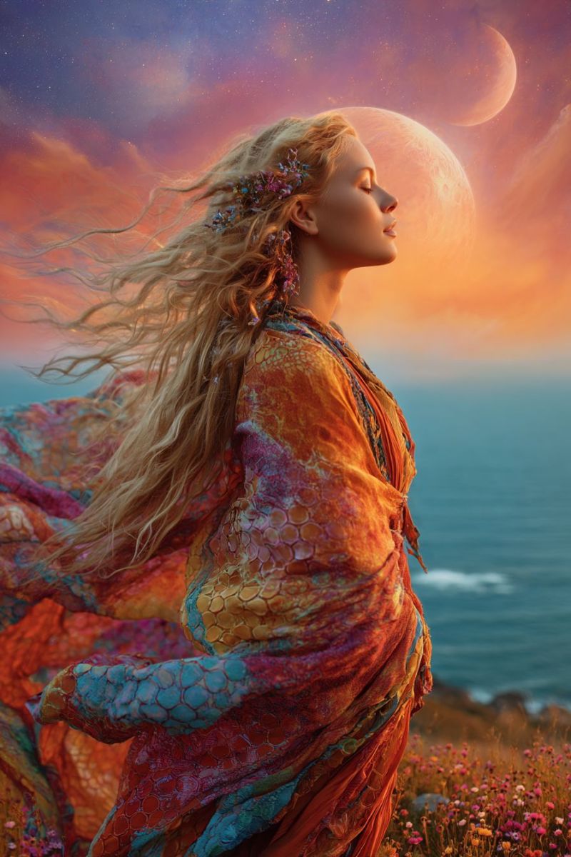 Femme fantaisie robe lune ciel nuit reve beaute fleur Une femme aux longs cheveux blonds ondulés se tient sur une falaise surplombant l'océan. Elle porte une robe fluide aux multiples couleurs ornée de motifs complexes et d'éléments floraux. Ses cheveux sont parés de fleurs, et elle lève les yeux vers le ciel, qui présente un coucher de soleil aux teintes orange, rose et violet. Deux lunes sont visibles dans le ciel, l'une plus grande et plus proche, l'autre plus petite et plus éloignée. L'océan en contrebas est calme, et l'horizon est parsemé de fleurs sauvages.