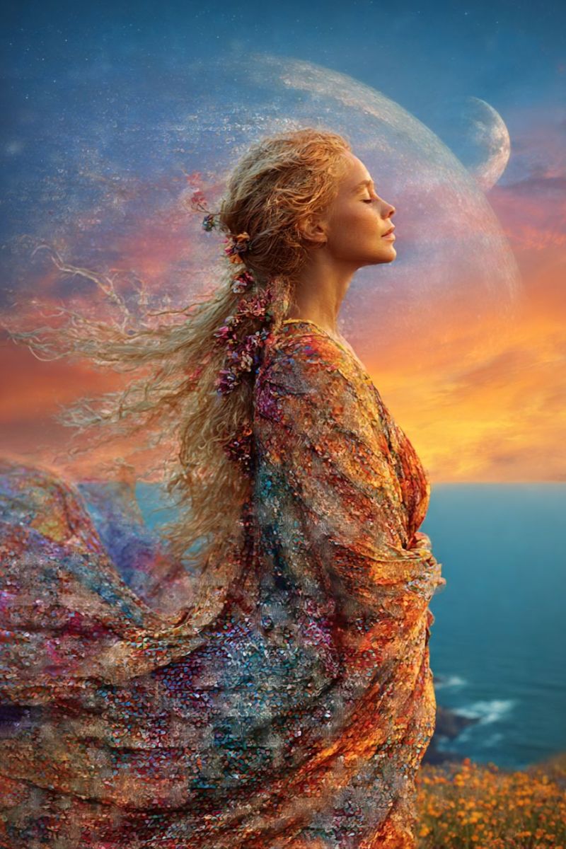 Woman dress flowers sky sunset ocean moon clouds nature fantasy beauty inspiration dreams imagination freedom hope inspirational A woman with long, wavy blonde hair stands on a cliff overlooking the ocean. She wears a flowing, multicolored dress adorned with small, sparkling beads. Her hair is decorated with colorful flowers and leaves. She gazes upward, her eyes closed, as if in deep thought or meditation. Behind her, the sky is a blend of blue and orange hues, with a large, glowing sphere resembling a planet or moon in the distance. The ocean below is calm, with gentle waves lapping against the shore.