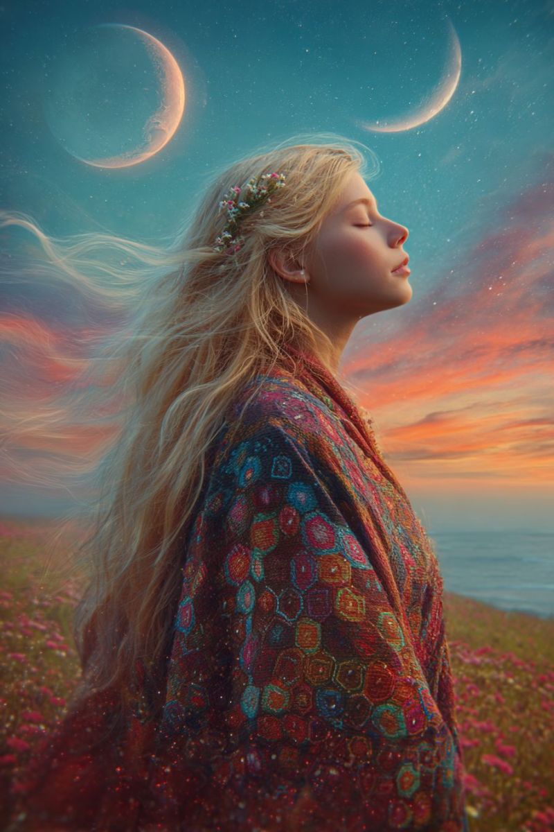 Femme ciel nuit lune fleurs robe tissu Une femme aux longs cheveux blonds se tient dans un champ de fleurs sous un ciel crépusculaire. Elle porte une robe colorée et à motifs ornée de formes géométriques et est parée d'une couronne de fleurs sur la tête. Ses yeux sont fermés, et elle semble être dans un moment de contemplation ou de méditation. Le ciel au-dessus est d'un bleu profond, parsemé d'étoiles et de deux lunes croissantes. L'horizon est peint de teintes orangées et roses, suggérant le soleil couchant. Le fond présente un océan serein, ajoutant à l'atmosphère tranquille.