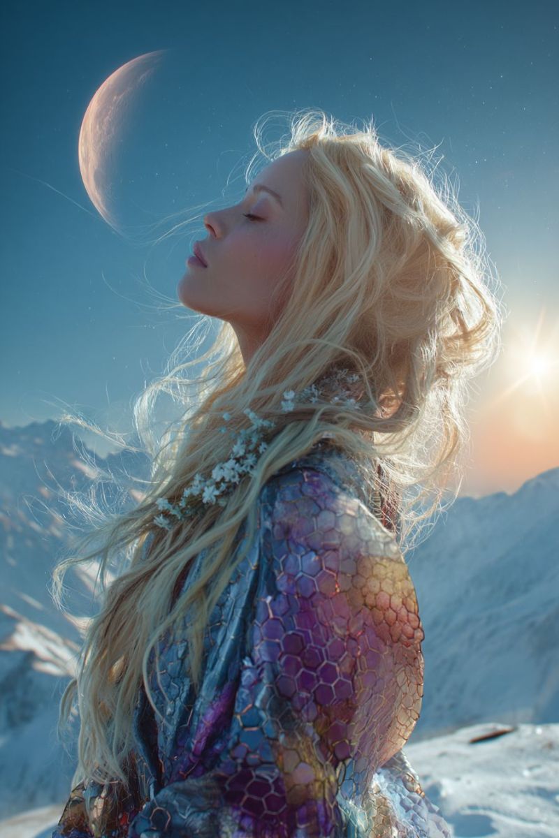 Femme montagne ciel lune soleil neige robe fleur nature beaute fantaisie inspiration reve elegance Une femme aux longs cheveux blonds ondulés se tient sur une montagne enneigée, regardant vers le haut. Elle porte une robe multicolore et scintillante qui reflète la lumière, lui donnant un aspect métallique. Ses cheveux sont ornés de petites fleurs blanches. Le ciel derrière elle est d'un bleu profond, avec une grande lune brillante partiellement visible. Le soleil se couche à l'horizon, projetant une douce lueur orangée sur le paysage enneigé et les montagnes lointaines.