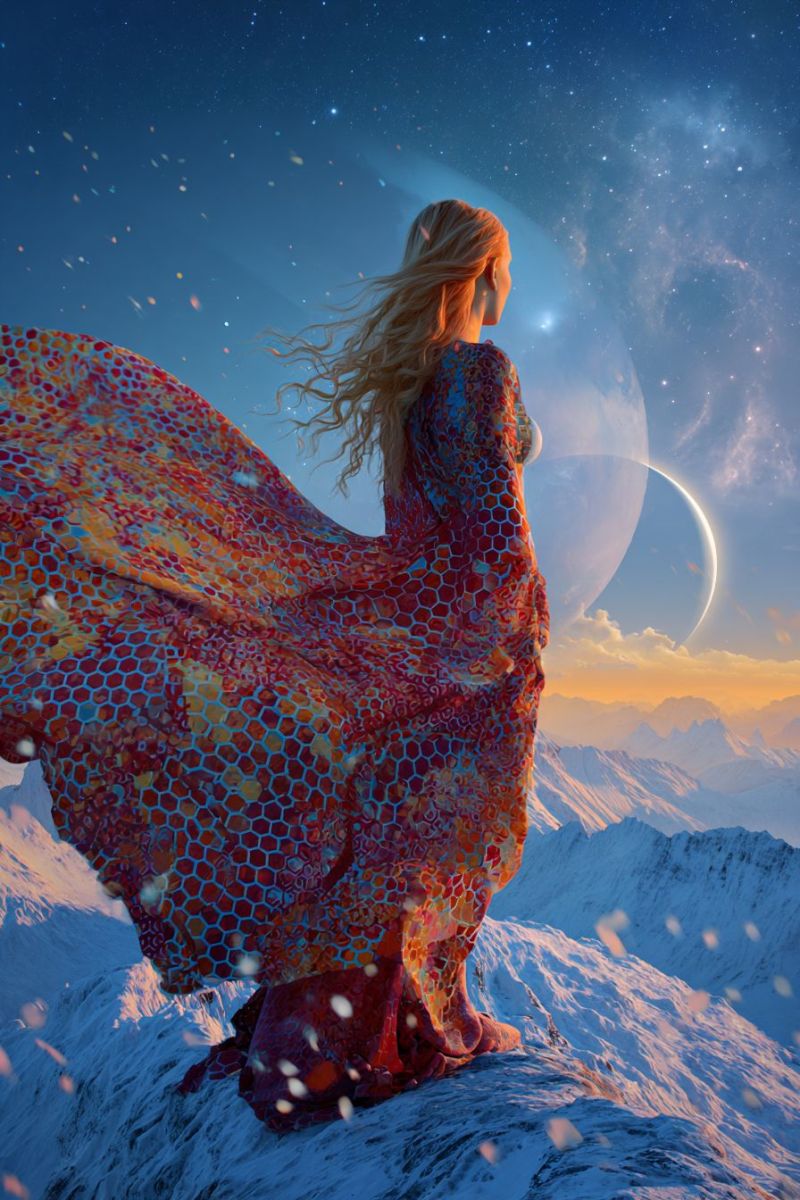 Femme montagne robe ciel nuit espace planete univers etoile galaxie nuage neige fantaisie Une femme aux longs cheveux blonds se tient sur un sommet montagneux enneigé, contemplant le ciel nocturne. Elle porte une robe fluide et colorée avec un motif hexagonal, et ses cheveux flottent librement dans le vent. Le ciel est rempli d'étoiles et d'une grande planète lumineuse. La chaîne de montagnes est couverte de neige, et le sol sous ses pieds est rocheux. La scène est éclairée par une douce lumière éthérée.