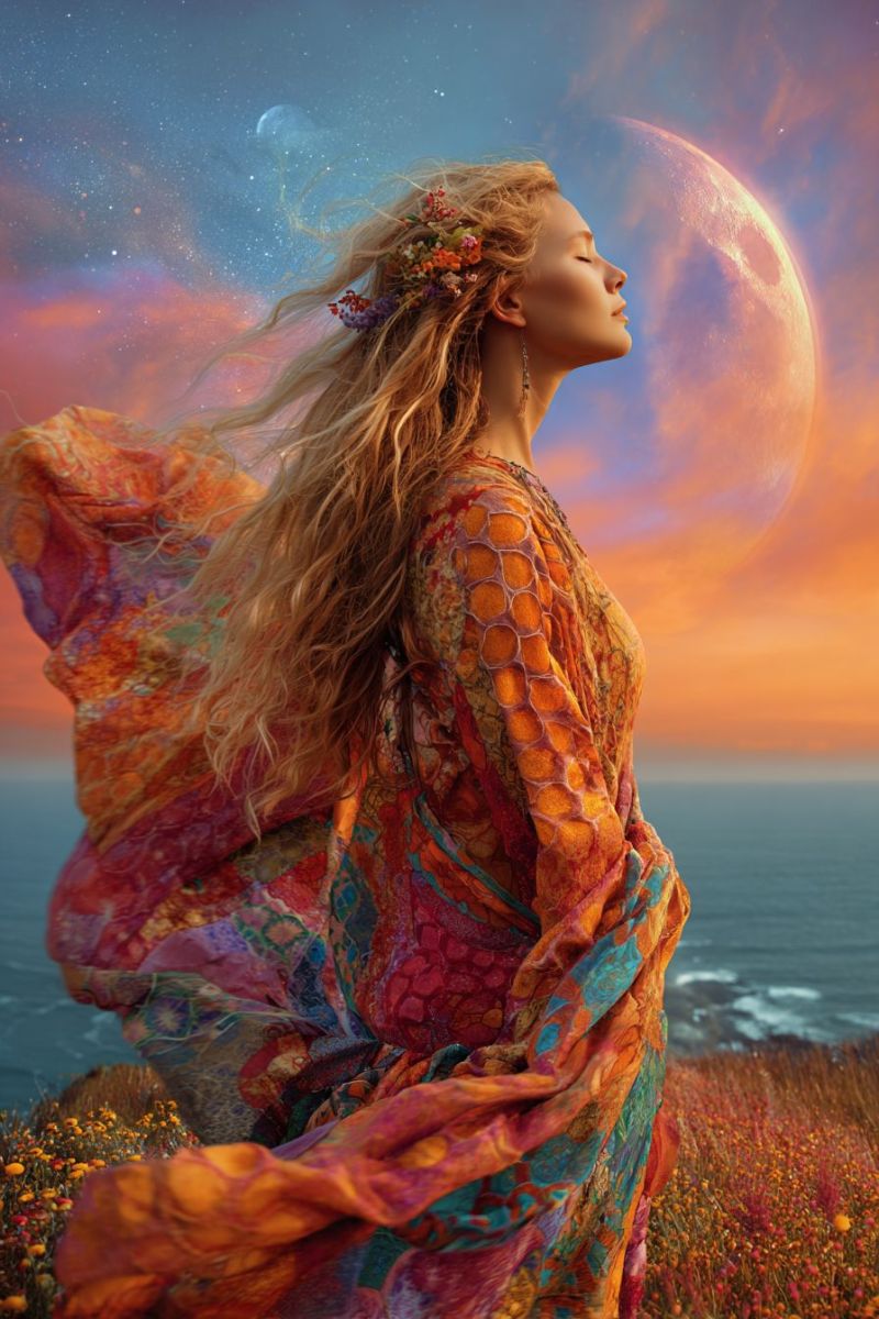 Woman dress moon ocean flowers evening fantasy dreamy painting nature sunset stars clouds horizon flower crown night sky A woman with long, flowing blonde hair stands on a cliff overlooking the ocean. She wears a vibrant, multicolored dress adorned with intricate patterns, and her hair is crowned with flowers. Her eyes are closed, and she appears to be gazing at the moon, which is large and glowing in the sky. The sky is a mix of blue and orange hues, suggesting either dawn or dusk. The ocean is calm, and the cliff is covered with wildflowers.