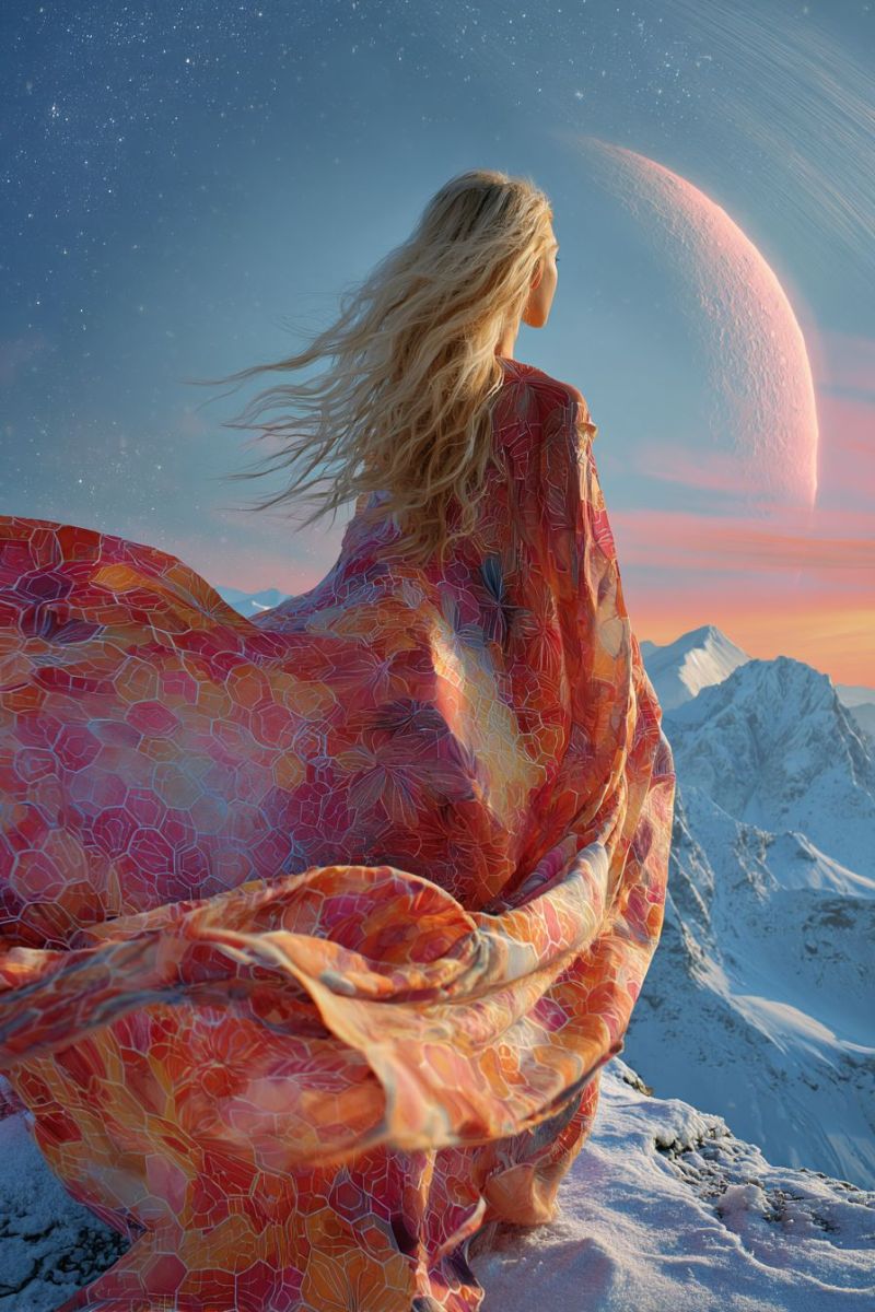 Femme montagne robe ciel nuit lune coucher soleil neige nuage etoile reflet beaute inspiration fantaisie Une femme aux longs cheveux blonds se tient sur un sommet montagneux enneigé, contemplant une grande lune brillante dans le ciel. Sa robe fluide, ornée d'un motif de hexagones orange et roses, flotte dans le vent. Le ciel est d'un bleu profond, parsemé d'étoiles, et la lune projette une douce lueur rosée sur le paysage enneigé. Les montagnes au loin sont couvertes de neige, et la scène se déroule dans un cadre de nuit sereine et étoilée.
