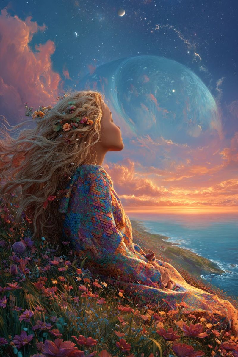 Woman flowers dress flower sky night clouds sea ocean planet universe space stars fantasy imagination dream A woman with long, wavy blonde hair adorned with flowers sits on a grassy hill, gazing upward at the sky. She wears a colorful, patterned dress that blends into the vibrant flowers around her. The sky is a mix of deep blue and orange hues, with stars and a large, glowing planet visible. The horizon shows a serene ocean under a setting sun, casting a warm glow over the scene.