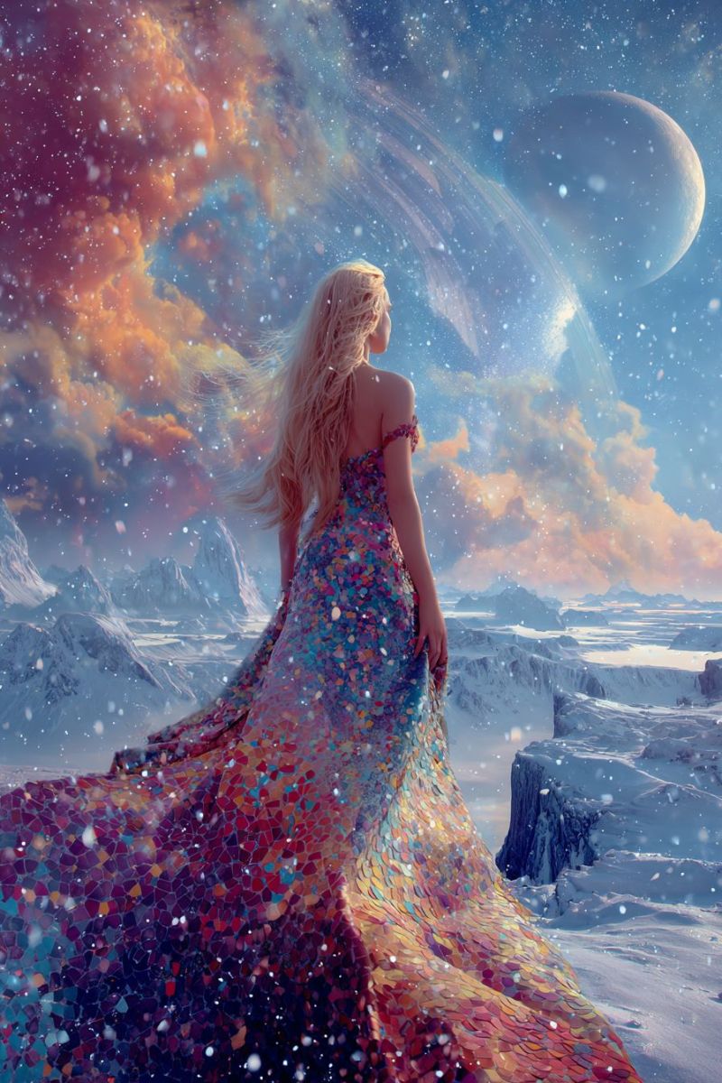 Femme robe neige montagne ciel planete nuage espace fantaisie hiver etoile univers nuit enneige tempete Une femme aux longs cheveux blonds se tient dans un paysage enneigé, le dos tourné. Elle porte une robe colorée et fluide qui scintille de diverses teintes, notamment des rouges, des bleus et des violets. La robe semble être faite de petits morceaux réfléchissants, captant la lumière. L'arrière-plan présente un ciel dramatique avec des nuages tourbillonnants dans des nuances d'orange, de rose et de bleu. Une grande planète lumineuse est visible au loin, entourée d'un anneau d'étoiles. Le sol est recouvert de neige, avec des affleurements rocheux et des montagnes en arrière-plan.