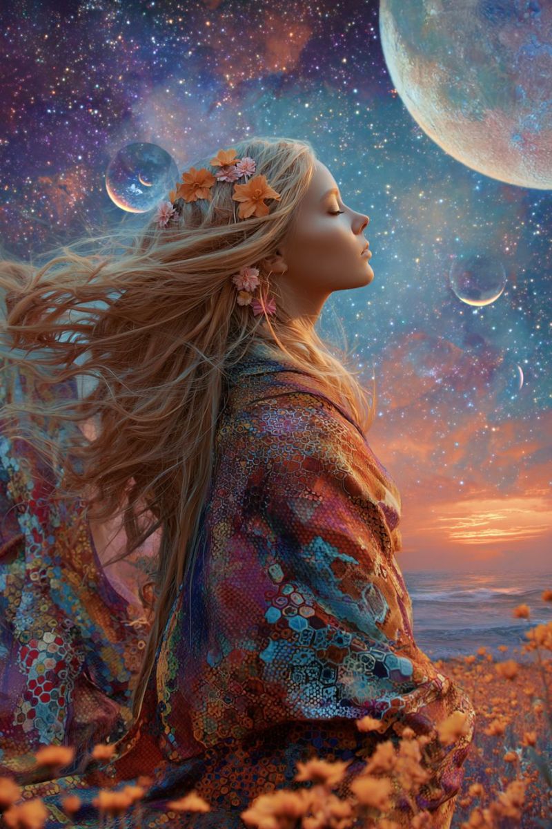 Femme blonde fleurs robe fantaisie espace lune etoiles univers nuit reve meditation inspiration beaute imagination coucher soleil Une femme aux longs cheveux blonds ondulés ornés de fleurs orange est assise dans un champ de fleurs orange sous un ciel étoilé vibrant. Elle porte une robe colorée à motifs qui flotte autour d'elle. Ses yeux sont fermés et elle semble être dans un état méditatif ou contemplatif. Le ciel derrière elle est un mélange de bleus profonds, de violets et de roses, avec une grande lune brillante et plusieurs planètes et étoiles visibles. L'horizon montre un océan serein sous un ciel de coucher de soleil.