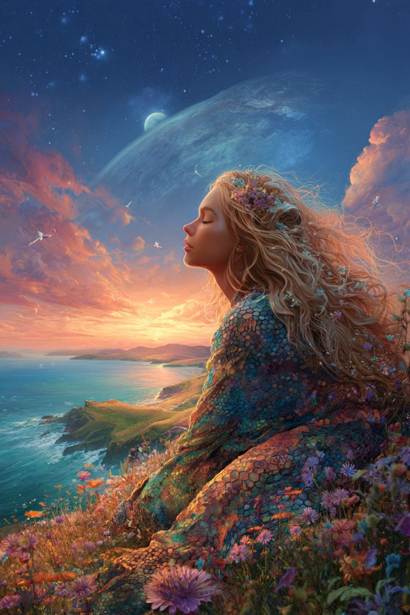 Fantaisie femme fleurs ocean ciel nuages planete etoiles coucher soleil onirique nature robe coiffure Une femme aux longs cheveux blonds flottants ornés de fleurs est assise sur une colline herbeuse, regardant vers le ciel. Elle porte une robe colorée aux motifs complexes qui ressemble à une queue de sirène. Le ciel est un mélange de teintes orange et bleues, avec des étoiles et une planète lointaine visibles. L'océan s'étend en contrebas, avec une petite île au loin. La scène se déroule sur fond de fleurs vibrantes et de verdure luxuriante.