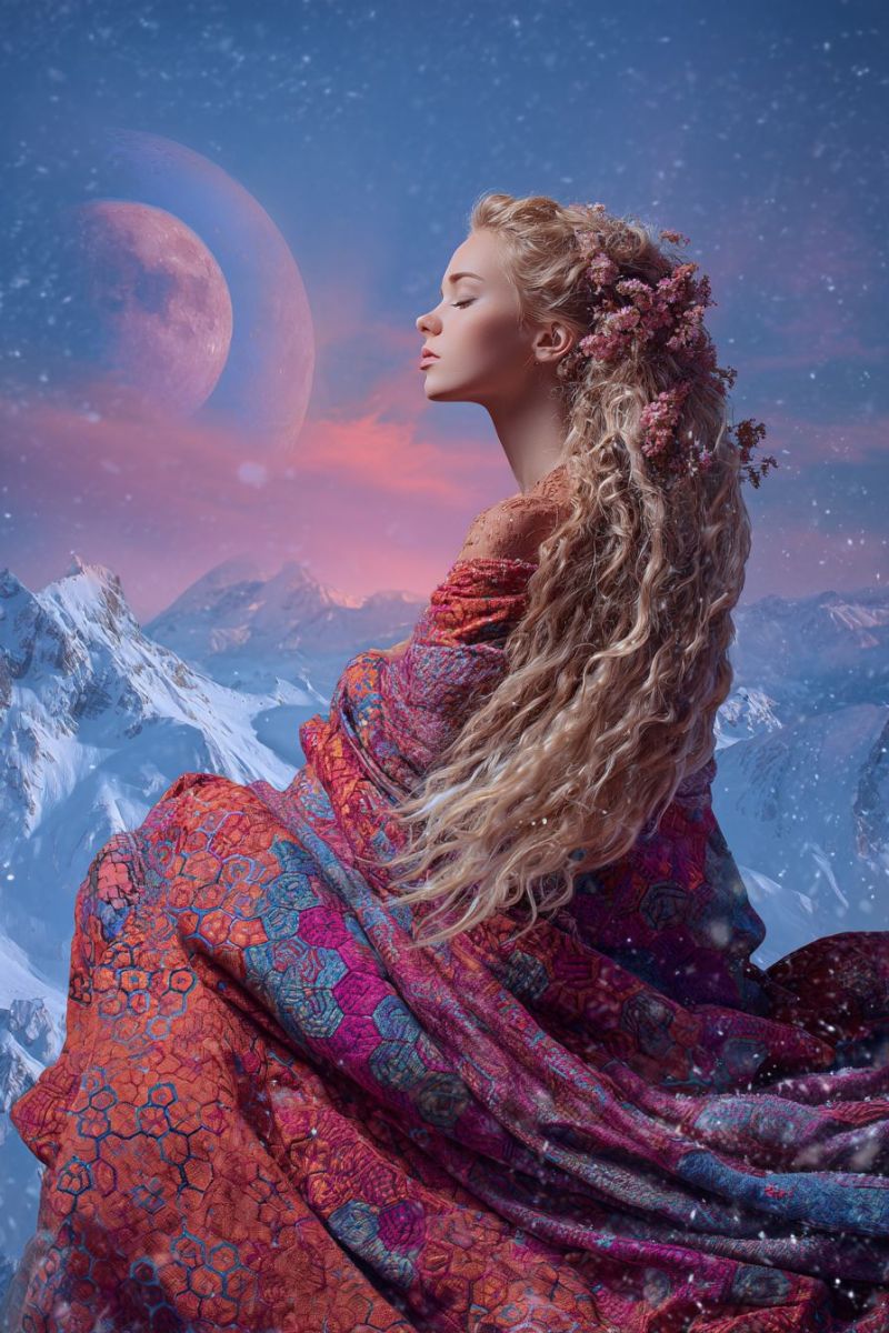 Femme fantaisie lune neige montagnes nuit ciel fleurs robe blonde fille design Une femme aux longs cheveux blonds ondulés ornés de fleurs roses est assise sur un sommet montagneux enneigé. Elle porte une robe colorée à motifs avec un manteau flottant. Ses yeux sont fermés et elle regarde vers le haut, peut-être la pleine lune dans le ciel. La lune est grande et rouge, entourée d'un ciel bleu parsemé d'étoiles. L'arrière-plan présente des montagnes enneigées sous un ciel crépusculaire aux teintes roses et bleues.
