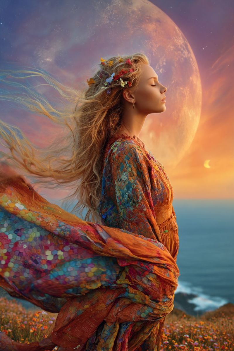 Femme robe fleurs lune ciel nuit etoiles nuages ocean vagues papillons fantaisie reveur imagination Une femme aux longs cheveux blonds ondulant se tient dans un champ de fleurs sous un ciel de coucher de soleil vibrant. Elle porte une robe colorée et fluide ornée de divers motifs et une guirlande de fleurs dans ses cheveux. Ses yeux sont fermés, et elle semble être dans un moment de contemplation ou de méditation. Derrière elle, une grande pleine lune lumineuse domine le ciel, accompagnée d'un croissant de lune. Les vagues de l'océan se brisent doucement contre le rivage en arrière-plan.