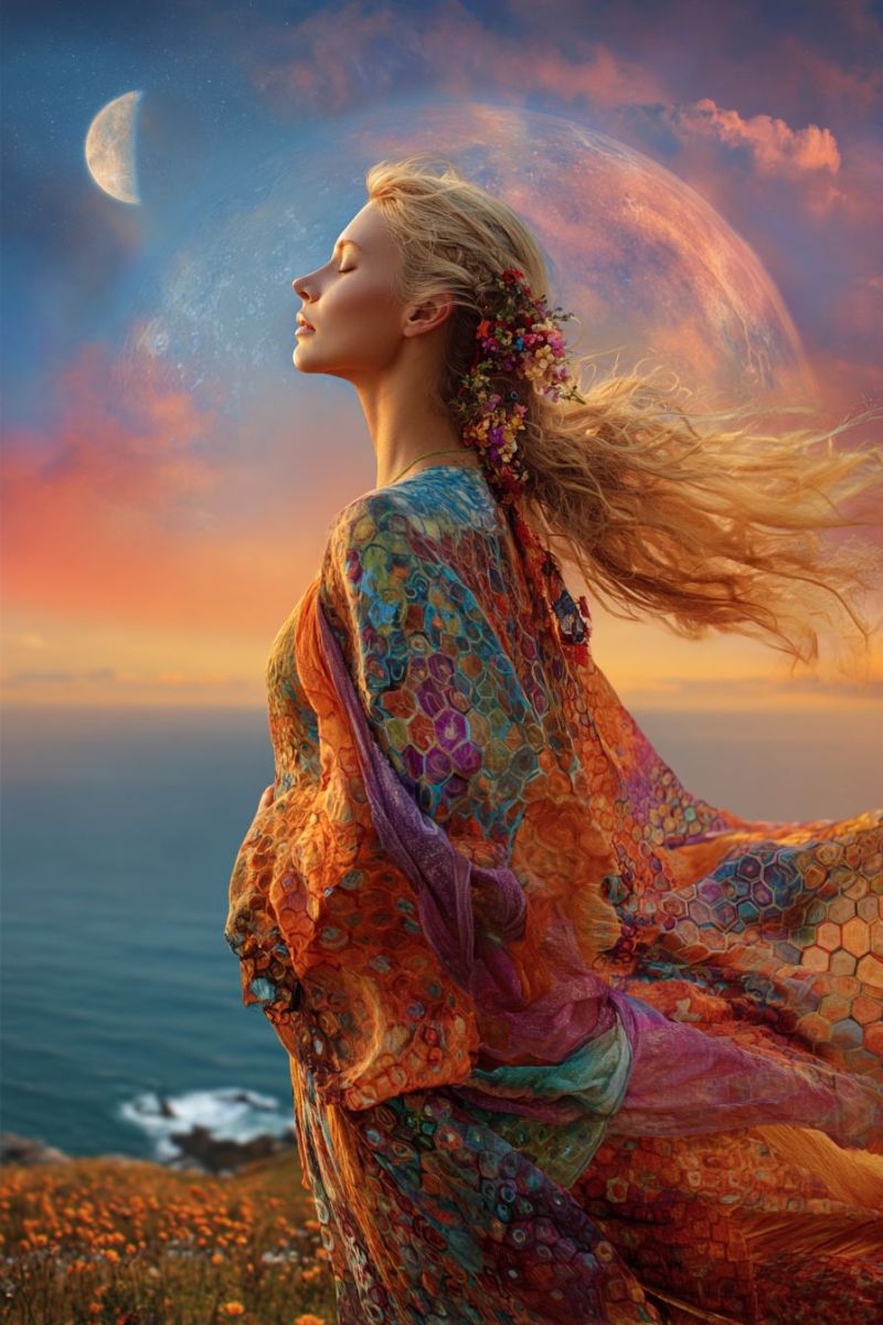 Woman dress flowers moon sky ocean evening dreamy fantasy painting imagination inspiration beauty nature sunset A woman with long blonde hair stands on a cliff overlooking the ocean. She wears a flowing, colorful dress adorned with floral patterns and a flower crown. Her hair flows freely in the wind, and she gazes upward at the sky. Behind her, the sky is a mix of orange and pink hues, with a large, glowing moon and a smaller crescent moon visible. The ocean below is calm, and the horizon is dotted with small waves.