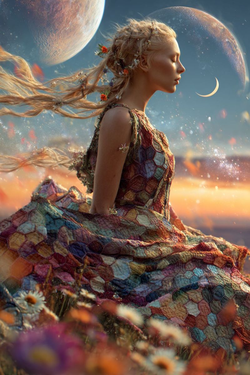 Woman dress flowers planet moon sky night fantasy dream space universe star cosmos celestial astral ethereal imagination outer A woman with long, flowing blonde hair adorned with flowers sits in a field of vibrant flowers under a twilight sky. She wears a colorful, patchwork dress that resembles a quilt, with a mix of geometric patterns and floral designs. Her eyes are closed, and she appears to be in a meditative or contemplative state. In the background, two celestial bodies are visible: a large planet with a rugged surface and a crescent moon. The sky is a deep blue, transitioning to orange and pink hues near the horizon, suggesting either dawn or dusk.