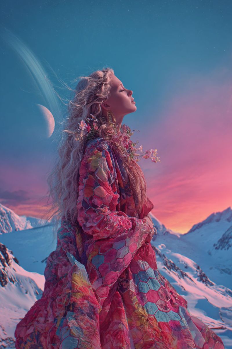 Femme robe montagne ciel coucher soleil fleurs lune nuit nuages nature beaute inspiration reveur elegant majestueux Une femme aux longs cheveux blonds ondulés se tient sur une montagne enneigée, regardant vers le haut. Elle porte une robe patchwork vibrante ornée de fleurs, et ses cheveux sont décorés de petites fleurs roses. Le ciel au-dessus est un mélange de teintes bleues et roses, avec une grande lune lumineuse et une planète lointaine visible. Les sommets de la montagne sont couverts de neige, et la scène se déroule sur fond d'un ciel serein et crépusculaire.
