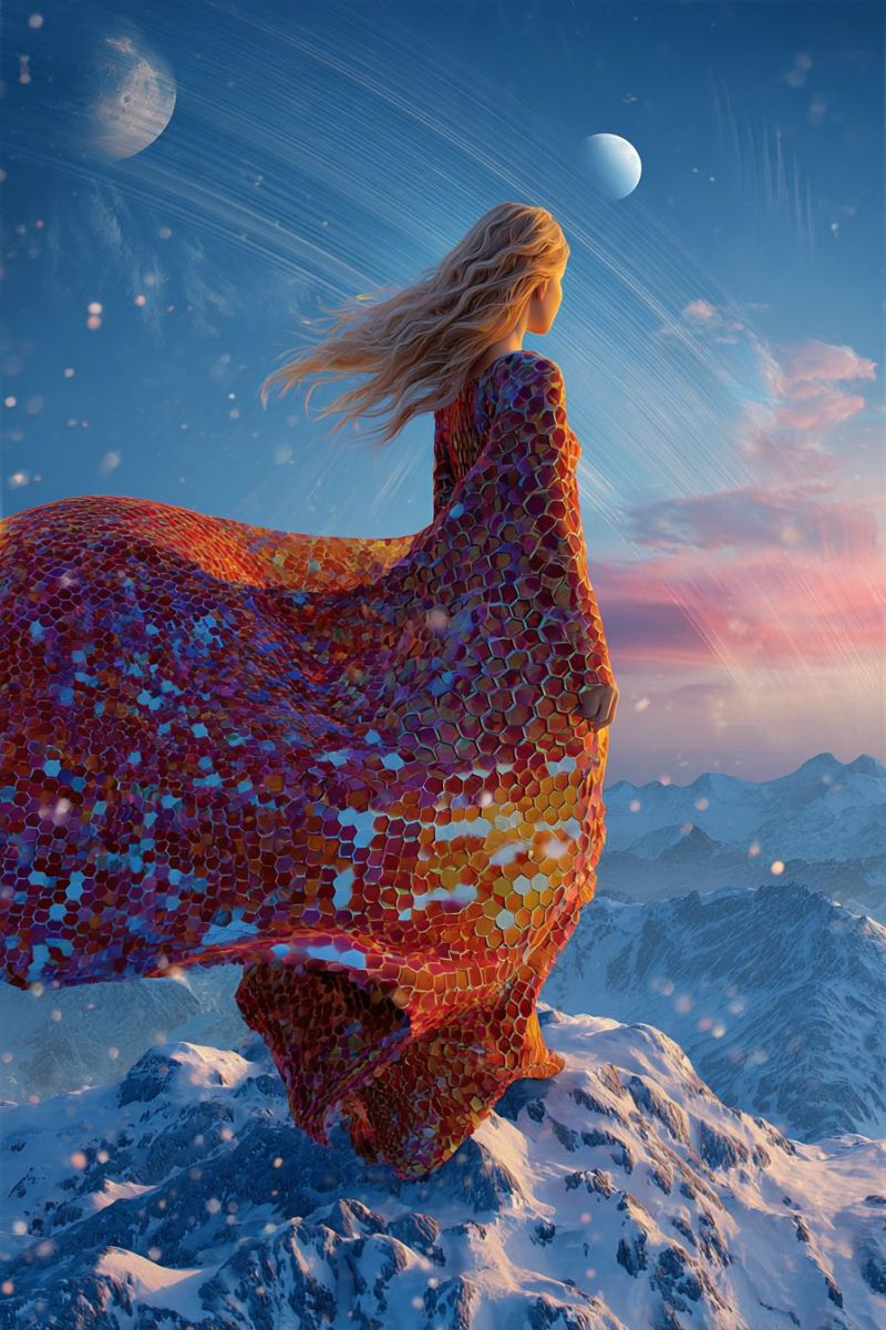 Woman mountain dress sky snow moon planet cloud space fantasy nature astronomy cosmic celestial star outer A woman with long blonde hair stands on a snowy mountain peak, her back turned. She wears a flowing, multicolored dress that resembles a mosaic of small, hexagonal tiles in shades of red, orange, yellow, and blue. The dress billows in the wind, and her hair flows freely behind her. The sky above is a deep blue, dotted with stars and featuring a crescent moon and a distant planet. The mountain range is covered in snow, with the peaks reaching high into the sky. The scene is set against a back of a vibrant sunset, with hues of pink and orange blending into the blue sky.