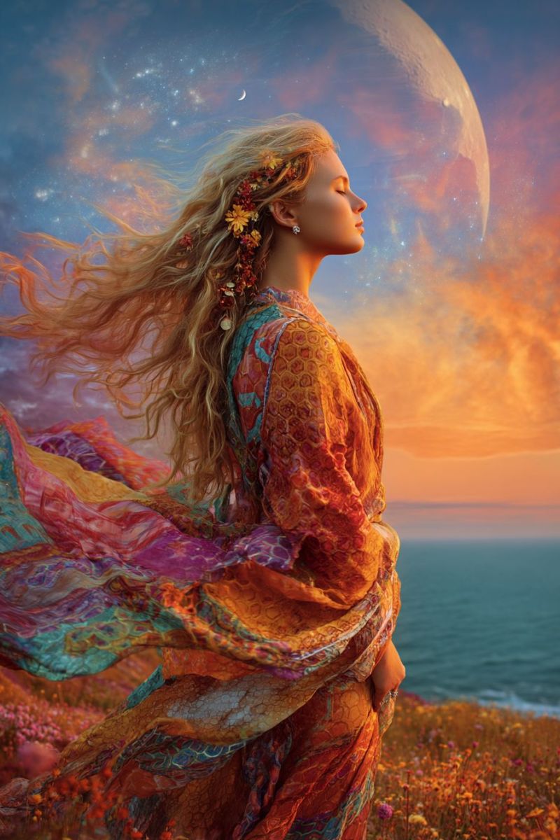 Femme fantaisie imagination reve beaute elegante robe fleurs bandeau bijoux boucles oreilles Une femme aux longs cheveux blonds ondulés se tient dans un champ de fleurs vibrantes sous un ciel de coucher de soleil spectaculaire. Elle porte une robe colorée et fluide ornée de motifs complexes et une couronne de fleurs dans ses cheveux. Ses yeux sont fermés, et elle semble être dans un moment de profonde contemplation ou de méditation. Le ciel derrière elle est un mélange de bleus profonds, d'oranges et de roses, avec une grande planète lumineuse et un croissant de lune visible. L'océan s'étend en arrière-plan, avec de douces vagues léchant le rivage.