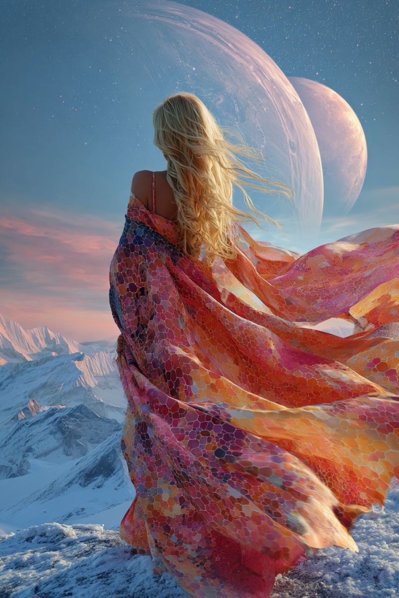 Femme montagne ciel robe echarpe coucher soleil planete espace etoile nuage nuit texture tissu Une femme aux longs cheveux blonds se tient sur un sommet montagneux enneigé, le dos tourné vers l'observateur. Elle porte une robe fluide et multicolore qui ressemble à une mosaïque de petits carreaux hexagonaux dans des tons de rose, orange et violet. La robe flotte dans le vent, créant un effet dramatique. Derrière elle, le ciel est d'un bleu profond avec des étoiles éparses, et deux grandes planètes lumineuses sont visibles, l'une plus grande et plus proche que l'autre. L'arrière-plan présente un dégradé de teintes roses et bleues, suggérant soit un coucher de soleil, soit un lever de soleil. Les montagnes au premier plan sont couvertes de neige, ajoutant à l'atmosphère sereine et irréelle.