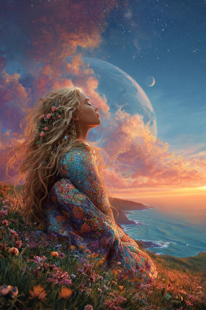 Femme robe fleur ciel ocean mer nuages coucher soleil soiree nature fantaisie reve inspiration Une femme aux longs cheveux blonds ondulés ornés de fleurs est assise sur une colline herbeuse, regardant vers le haut. Elle porte une robe colorée et à motifs qui brille de diverses teintes. Le ciel au-dessus est un mélange de bleus profonds et d'oranges chauds, avec des nuages tourbillonnant autour d'une grande planète et d'une lune croissante. L'horizon révèle un océan serein sous un soleil couchant, projetant une lueur dorée sur les vagues. La scène est paisible et remplie de beauté naturelle.