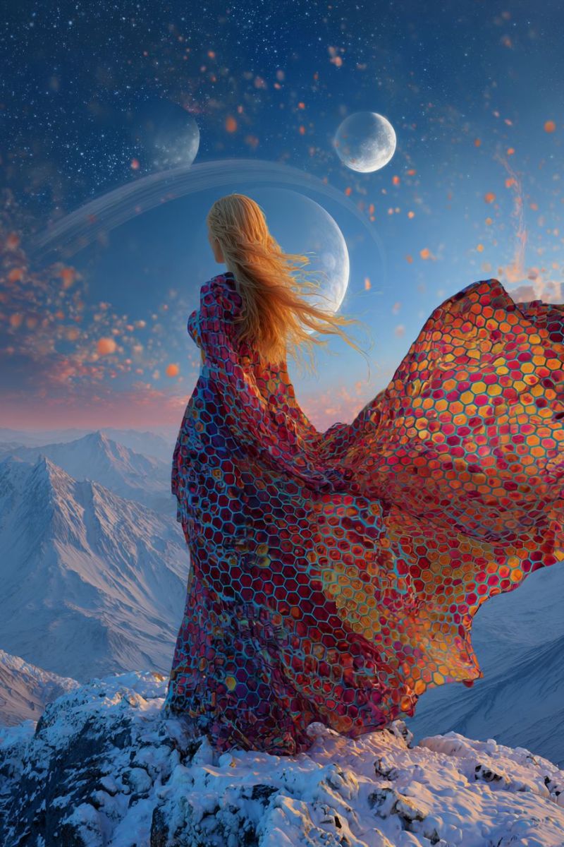 Woman mountain dress sky space planet moon night star universe galaxy cosmos astronomy celestial starry outer exploration A woman with long, flowing blonde hair stands on a snowy mountain peak, gazing at the night sky. She wears a vibrant, patterned dress that resembles a honeycomb design, with colors of red, orange, yellow, and blue. The dress billows around her, catching the light and creating a dramatic effect. The sky is filled with celestial bodies, including a large planet and a moon, both glowing softly. The background features a ringed planet, adding to the fantastical and otherworldly atmosphere. The scene is set against a back of snow-covered mountains, with the ground beneath the woman dusted in snow.