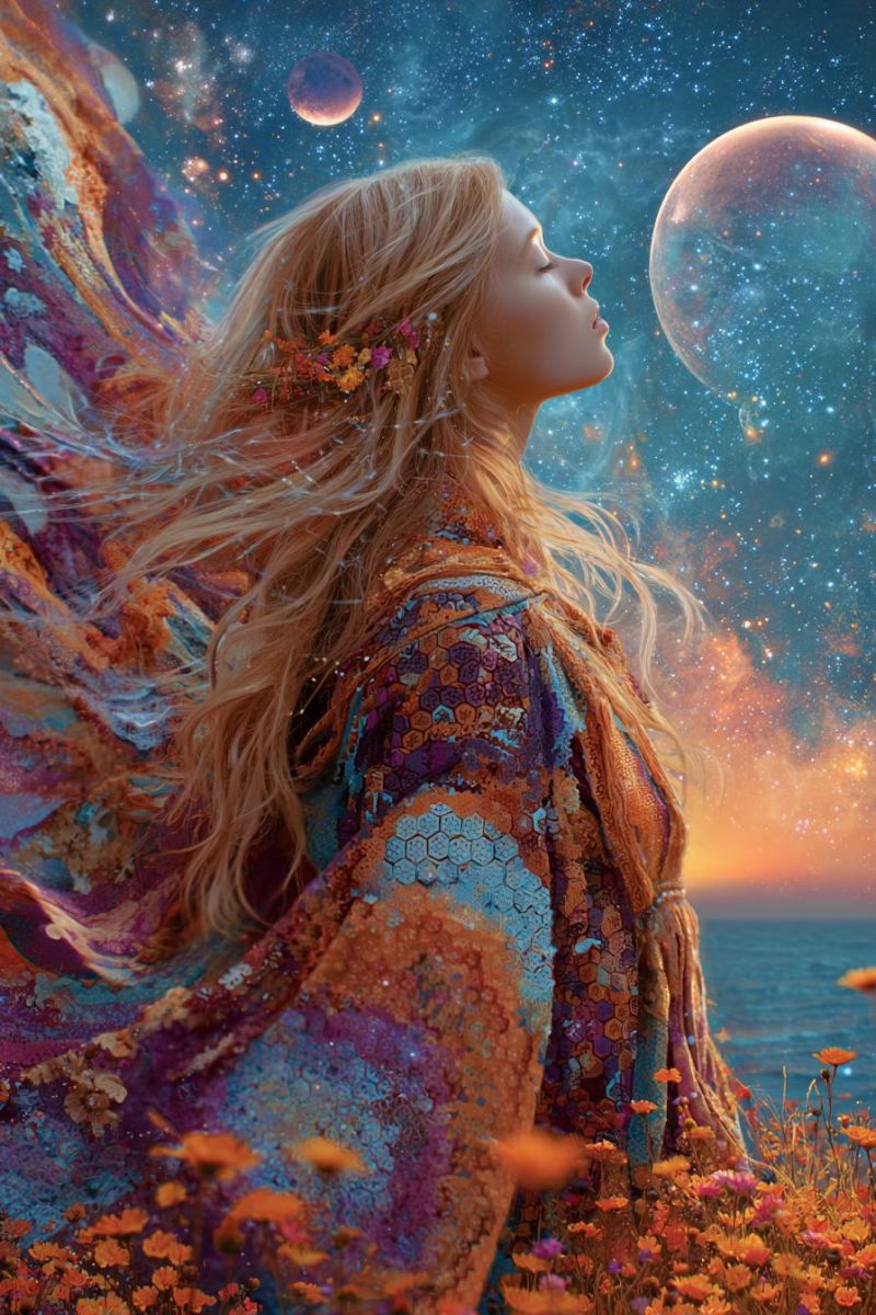 Woman fantasy flowers dress sky night stars moon planet universe space cosmos galaxy celestial astral dreamlike ethereal imagination outer A woman with long, flowing blonde hair stands in a field of vibrant orange and pink flowers, her gaze directed upwards towards the sky. She wears a colorful, patterned dress adorned with intricate designs, and her hair is decorated with small flowers. The sky above is a deep blue, dotted with stars and featuring a large, glowing planet. The background includes a serene ocean and a distant horizon, creating a mystical and otherworldly atmosphere.